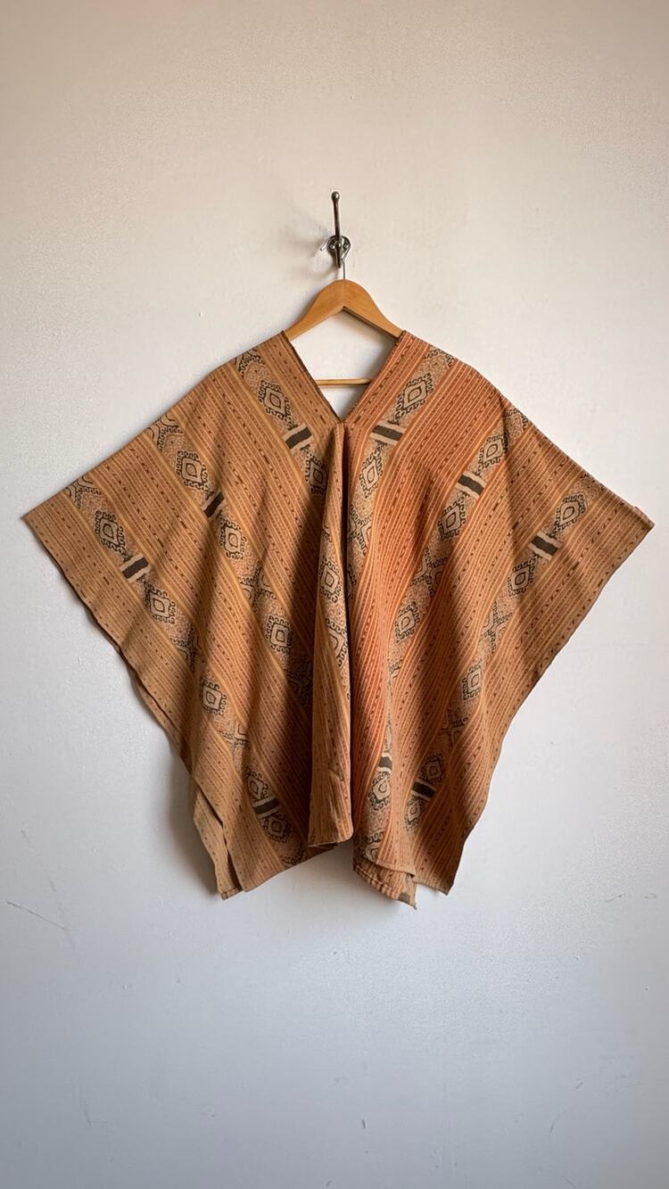 Vintage Hand Woven Andean Poncho in Orange & Brown
